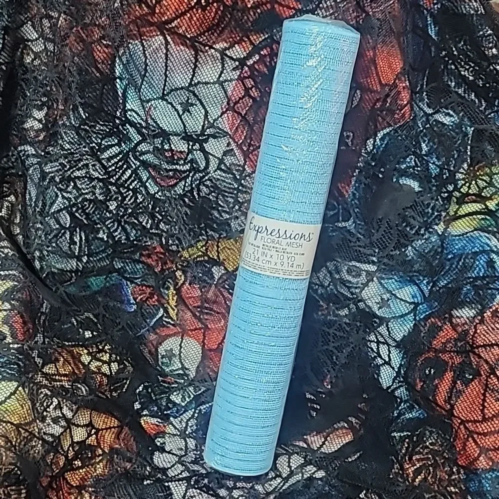 Floral Deco Mesh Roll - Light Blue with Blue Metallic Accents